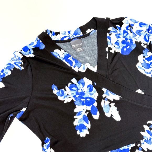 Covington Black & Blue Floral Tie Waist V-Neck Dress Medium Petite 🌸🖤💙 - Picture 7 of 15
